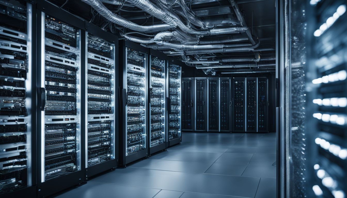 A server room filled with computer servers in a bustling atmosphere.