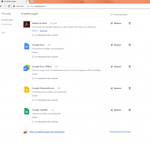 Eine Liste von installierten Erweiterungen bei dem Browser Google Chrome.