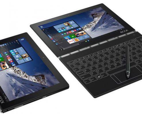 Das Yogabook von Lenovo. Zusammengeklappt als Tablet (links)